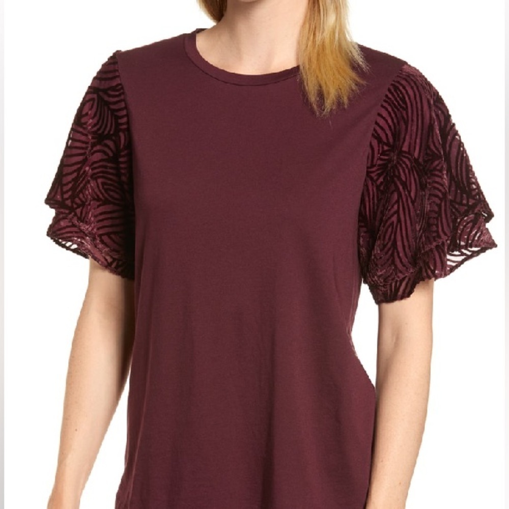 Michael Kors Burgundy Velvet Lace Flutter Sleeve Top